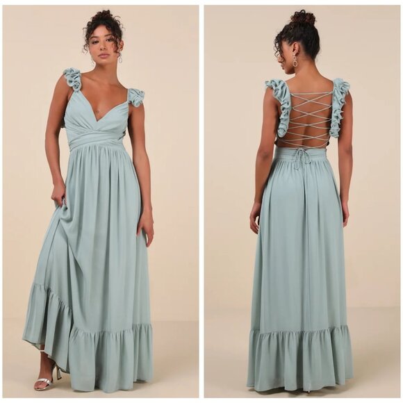NWT Lulus - M Soiree Celebration Light Blue Floral Ruffled Lace-Up Maxi Dress - Picture 1 of 8